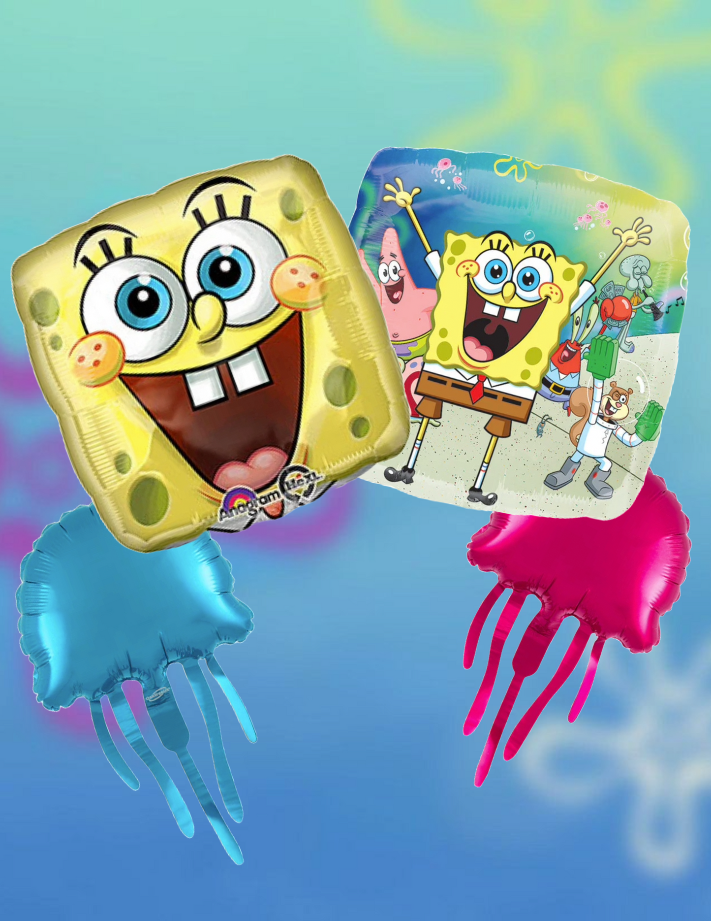 Anagram Spongebob Square foil Balloon Pack, two bonus Jellyfish Multicolor, 18 Inch