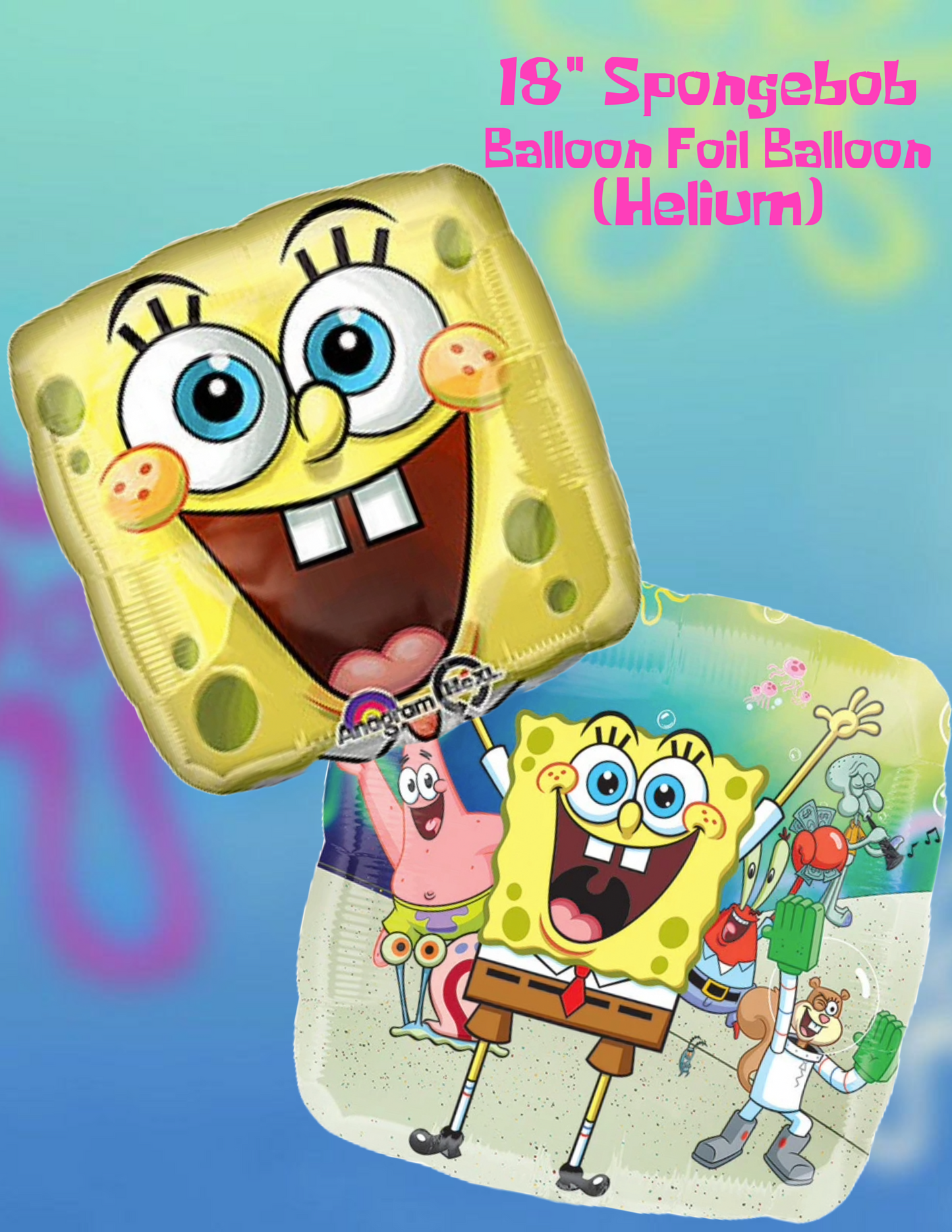 Anagram Spongebob Square foil Balloon Pack, two bonus Jellyfish Multicolor, 18 Inch